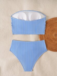 Swim Lushoire Women's Solid Color Bandeau Bikini Set With Double Side Ruched Detail, Beach Summer Outfit - Multicolor - View 2