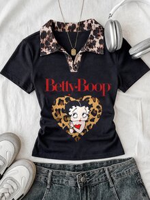Attitoon Betty Boop x SHEIN 女款聯名印花圖案T恤，適合外出、街頭風、機場穿搭、時尚、返校、Y2K、派對、海灘度假、假期 - 彩色 - 查看 4