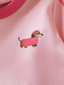 SHEIN Playful Pals 2件組幼女運動衫長褲套裝，可愛甜美粉色玫瑰狗狗刺繡，側條紋長袖圓領加厚派對秋季連身褲，節日羅紋飾邊 - 粉色 - 查看 5