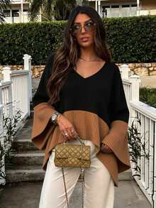 Franclia Áo thun nữ phong cách vintage casual boho gân phối màu, gấu không đối xứng, màu đen, cho mùa thu và đi du lịch - màu đen - Xem 5