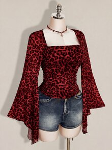 SHEIN ICON 女款大尺碼復古性感千禧風 Y2K 都市現代前衛方領喇叭袖荷葉邊長袖棕色豹紋網紗上衣 秋季 - 酒紅色 - 查看 4