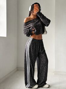 SHEIN EZwear 女款不對稱單肩長袖短版豹紋針織運動衫 - 深灰色 - 查看 6