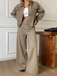 DAZY Setelan Jaket Denim Kasual dan Celana Longgar untuk Wanita - Khaki - View 4