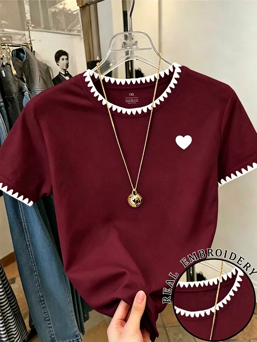 EMERY ROSE 大尺碼女款刺繡飾邊短袖休閒T恤 - 彩色 - 查看 1