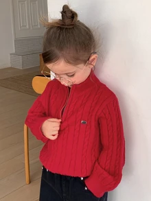 Hapijoa Sweater Rajut Kasual Lengan Panjang Setengah Resleting untuk Anak Perempuan - Burgundy - View 2