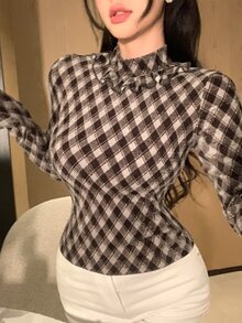 DAZY Women's Plaid Stand Collar Long Sleeve Patchwork Ruffle Fashion Blouse - Brown - View 5