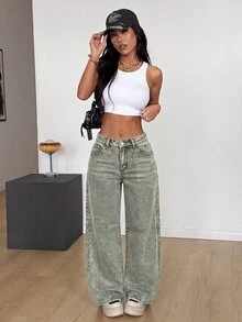 SHEIN PETITE Women's Casual Daily Denim Jeans With Pockets And Buttons - Army Green - View 3