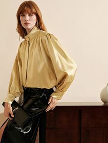 Arave European & American Style Autumn/Winter New Fashion Versatile Solid Color Satin Loose Elegant Commuter Design Classic Metal Buckle Decor Jacket - Green - View 6