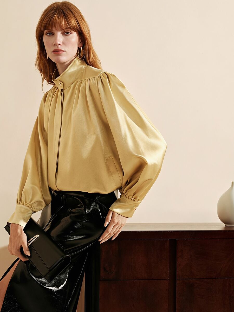 Arave European & American Style Autumn/Winter New Fashion Versatile Solid Color Satin Loose Elegant Commuter Design Classic Metal Buckle Decor Jacket - Green - View 1