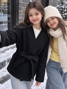 SHEIN 少女黑色V領繫帶中長款厚羊毛披風大衣（法式風），百搭單品，適合休閒街頭穿搭與各種場合，開學季、萬聖節、聖誕節必備，秋冬必穿造型 - 米色 - 查看 2