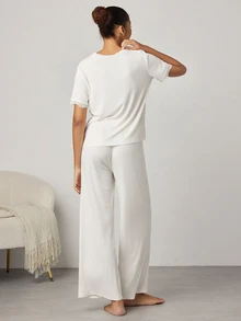 Ocili Women's Solid Color Minimalist Daily V-Neck Comfortable Soft Lace Short Sleeve Drawstring Long Pants Pajama Set - White - View 7