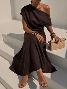 Zivah Women's Solid Color Asymmetrical Shoulder Ruched Minimalist Vacation Dress - Rust Brown - View 5
