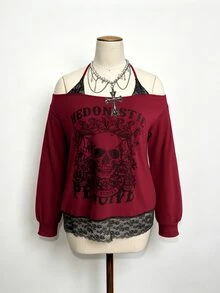Sunspun Plus Size Contrast Lace Square Neck Tie-Front Long Sleeve Sweatshirt - Burgundy - View 1
