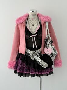 Sunspun Jaket Lengan Panjang Kasual Serbaguna Wanita Ukuran Besar dengan Motif Patchwork dan Resleting - Berwarna merah muda - View 6