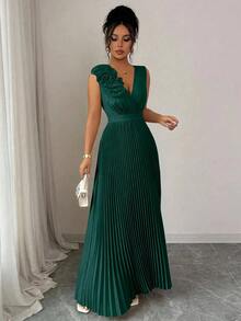 SHEIN Tall Tall V-Neck 3D Floral Dark Green Elegant Vintage Casual Cute Pleated Dress For Party And Gathering - Dark Green - View 5
