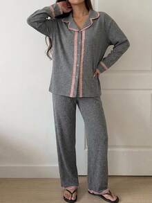 DAZY 2pcs Lace Patchwork Cardigan Long Sleeve Straight Leg Long Pajama Pants Women's Sleepwear Set - Grey - View 5