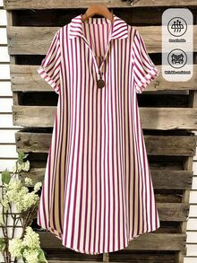 SHEIN Tall CURVE 大尺碼女款法式休閒夏季短袖V領長版洋裝 - 紅白色 - 查看 5