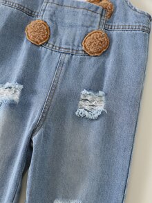SHEIN 中性嬰兒男嬰/女嬰、幼兒秋冬保暖內裡加厚休閒可愛熊貼布繡牛仔吊帶褲，嬰兒冬季牛仔吊帶褲/連身褲 - 藍色 - 查看 5