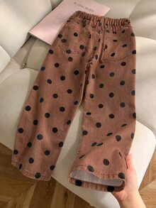 SHEIN 女童乳白色圓點寬腿褲，寬鬆直筒腿，時尚百搭休閒 100% 純棉牛仔褲，修身顯瘦，日常上學出遊度假風格必備，韓系女童圓點 Ins 風 - 棕色 - 查看 2