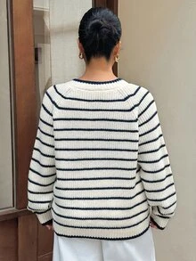 Dazy Plus Korean Style Colorblock Striped Loose Long Sleeve V-Neck Casual Streetwear Vacation Spring Autumn Pullover Knit Sweater - Black and White - View 6