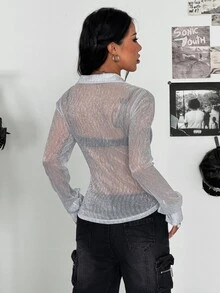 StreetHx Women's Long Sleeve Silver Thread Shirt Style Light Jacket - Silver - View 2