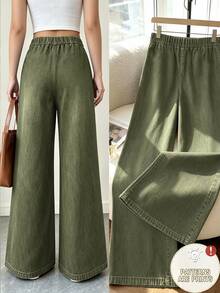 SHEIN Holidaya Women's American Retro Leopard Print Frayed Patchwork High Waist Wide Leg Denim Effect Jeans, Design-Driven Washed Green Slimming Casual Long Pants - Green - View 2