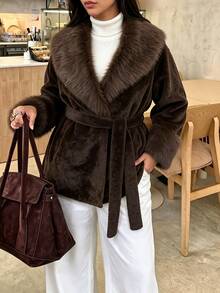 Easura Plus Size Women Solid Color Long Sleeve Waist Tie Fashion Faux Fur Coat - Coffee Brown - View 7