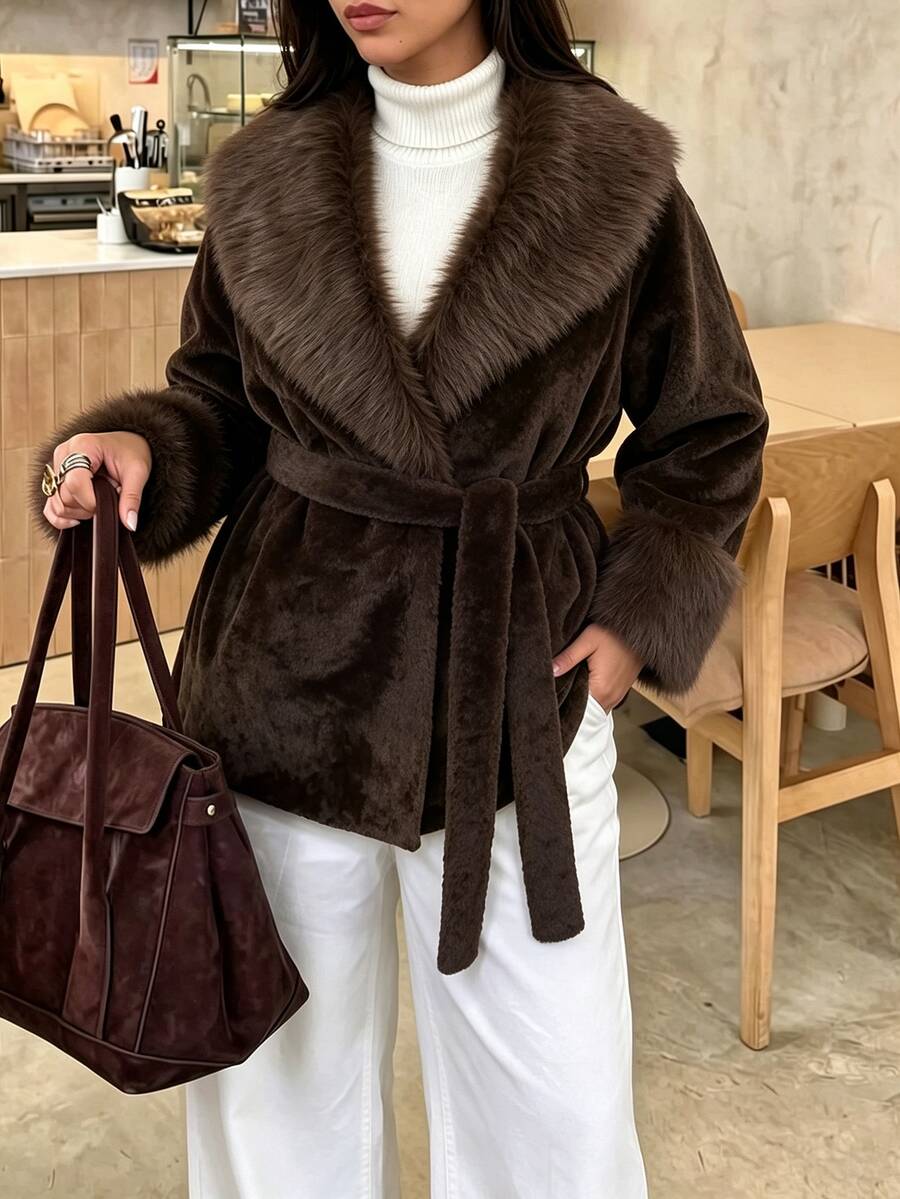Easura Plus Size Women Solid Color Long Sleeve Waist Tie Fashion Faux Fur Coat - Coffee Brown - View 1