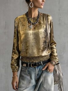 Freevana Gold Metallic Smocked Hem Blouse With Balloon Sleeves And Gathered Crew Neck, Shimmery Party Top - Gold - View 7