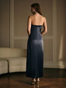 MOTF WOMEN'S ELEGANT RHINESTONE DECORATED PLEATED BANDEAU DRESS - Royal Blue - View 3