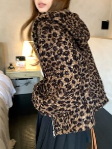 DAZY 女款豹紋寬鬆毛絨外套，休閒正裝版型女童冬季外套 - 棕色 - 查看 6