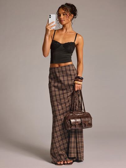 SHEIN BAE Women's Vintage Fashion Navy Blue Plaid Long Skirt, Suitable For Daily Wear, Commuting, Social Gatherings, Back To School
