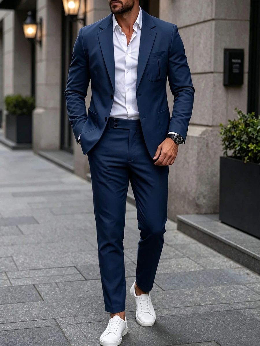 Manfinity Mode 男士休閒商務兩件套西裝,純色西裝外套與長褲套裝,簡約時尚休閒日常,正式,老錢風 - 藏蓝色 - 查看 1