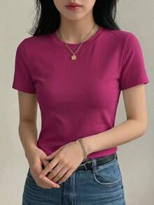 DAZY 女款純色圓領修身短袖打底T恤 - 中紫紅色 - 查看 4