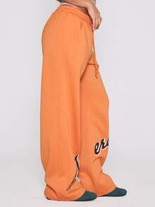 MUSERA Elasticated Drawstring Waist Graphic Logo Wide Leg Jogger Autumn Winter Fall Coolgirl Holiday Everyday Roadside Renegade - Orange - View 3