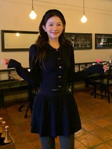 DAZY Women's Solid Color Lapel Collar Elegant Knit Sweater 2 Pieces Set - Navy Blue - View 7
