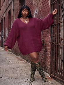 Slaydiva Plus Size Autumn/Winter Casual Solid Color Knit Dress - Purple - View 6