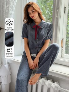 DAZY Women's Colorblock Short Sleeve Top And Long Pants Casual Daily Home Sleepwear Set - Blue - View 3