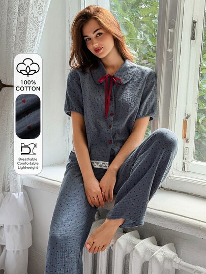 DAZY Women's Colorblock Short Sleeve Top And Long Pants Casual Daily Home Sleepwear Set