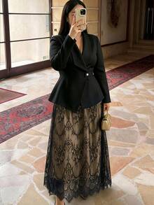 Cravure Plus Size Elegant Belted Blazer & Contrast Lace Midi Skirt Two Pieces Outfit - Black - View 4