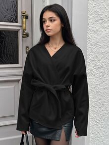 SHEIN 少女黑色V領繫帶中長款厚羊毛披風大衣（法式風），百搭單品，適合休閒街頭穿搭與各種場合，開學季、萬聖節、聖誕節必備，秋冬必穿造型 - 米色 - 查看 3