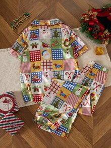 Dream Adore Vintage Plaid Christmas All-Over Print Lapel Cardigan Faux Silk Short Sleeve Pants Set - Multicolor - View 2