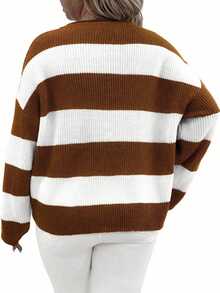 EMERY ROSE Plus Size Women's Striped Drop Shoulder Crew Neck Casual Pullover Sweater - Camel - View 2