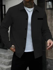 Manfinity Homme Men's Solid Color Casual Outdoor Slim Fit Jacket - Black - View 7
