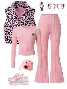 SHEIN Tween Girls 3 Pieces Set, Pink Ribbed Long Sleeve Top With Small Bow Decoration On Chest, Paired With Same Fabric Flared Pants. Outer Layer Pink Leopard Print Stand Collar Zipper Vest, Sweet And Cool Mixed Style, Vertical Ribbed Fabric Flattering , Layered Look With Rich Texture. - Multicolor - View 3