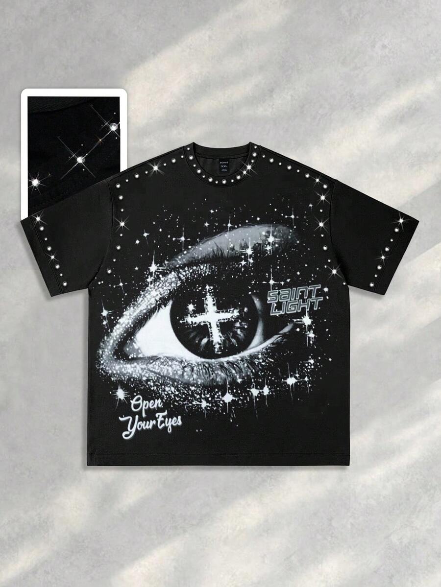 ROMWE MEN Street Life 2026 Spring/Summer New Pattern Rhinestone Plus Size Men's T-Shirt Casual Fashion Short Sleeve Crew Neck Top - Black - View 1