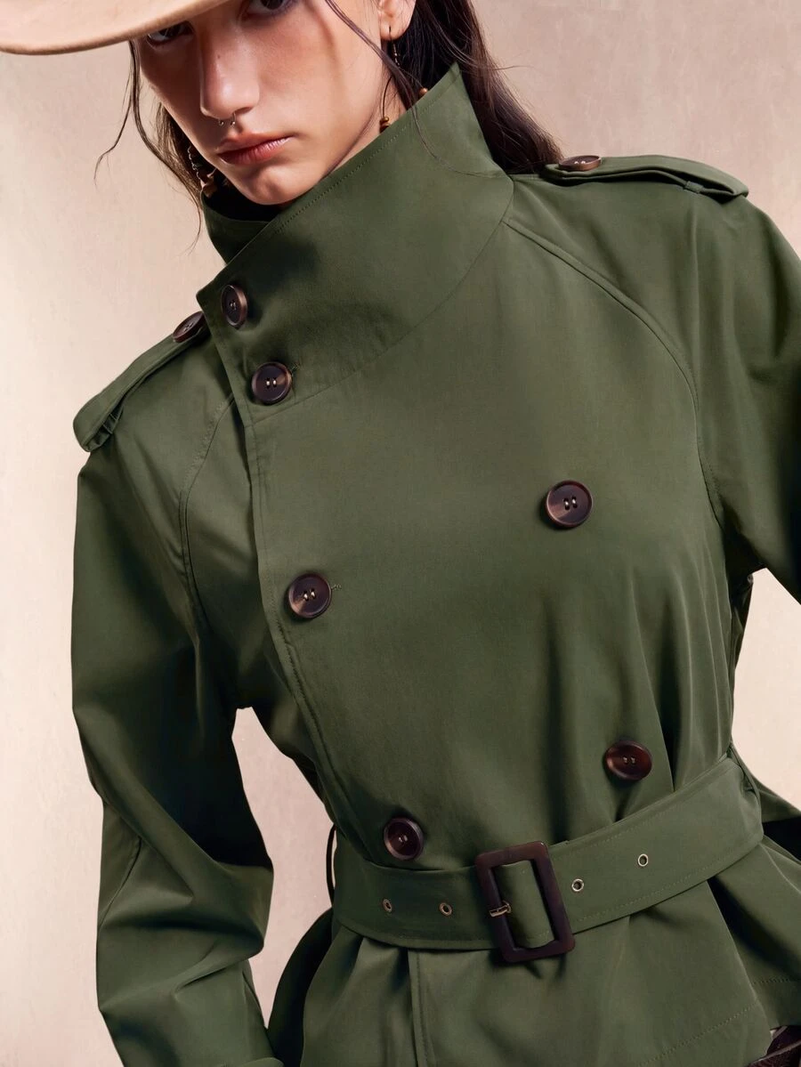 Easelle Vintage French Elegant Nomadic High Collar Cinched Waist Button Up Women Trench Coat Women Trench Coat Cinched Waist Office Everyday Olive Green Fall - Army Green - View 1