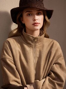 Nima Coro Women's Solid Color Drop Shoulder Long Sleeve Zipper Front Casual Jacket - Khaki - View 7