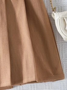 SHEIN 青少年女孩秋季純色抓皺短款休閒可愛裙，適合假期、秋季、旅行、校園，海軍藍 - 卡其色 - 查看 3