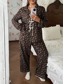 CottageSlumber French Vintage Ditsy Floral Pajama Set, Sweet Bow Decor Long Sleeve Plus Size Loungewear Set - Rust Brown - View 1